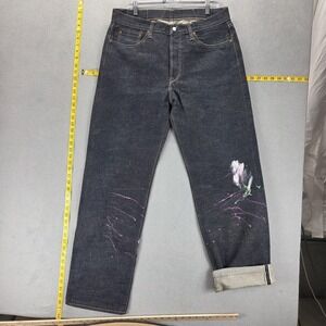 Non Stock Jeans Mens 34x32 Blue Selvedge Raw Denim Paint Splatter Button Fly